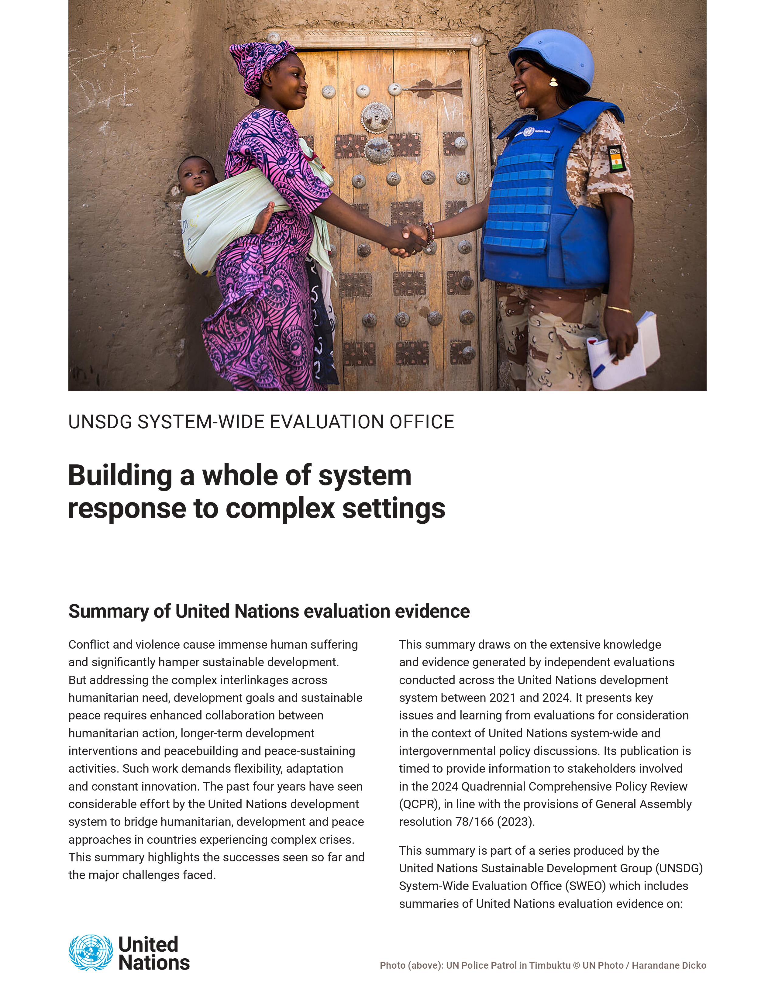 Cover page - Summary of UN Evaluation Evidence : Building a Whole System Response to Complex Setting