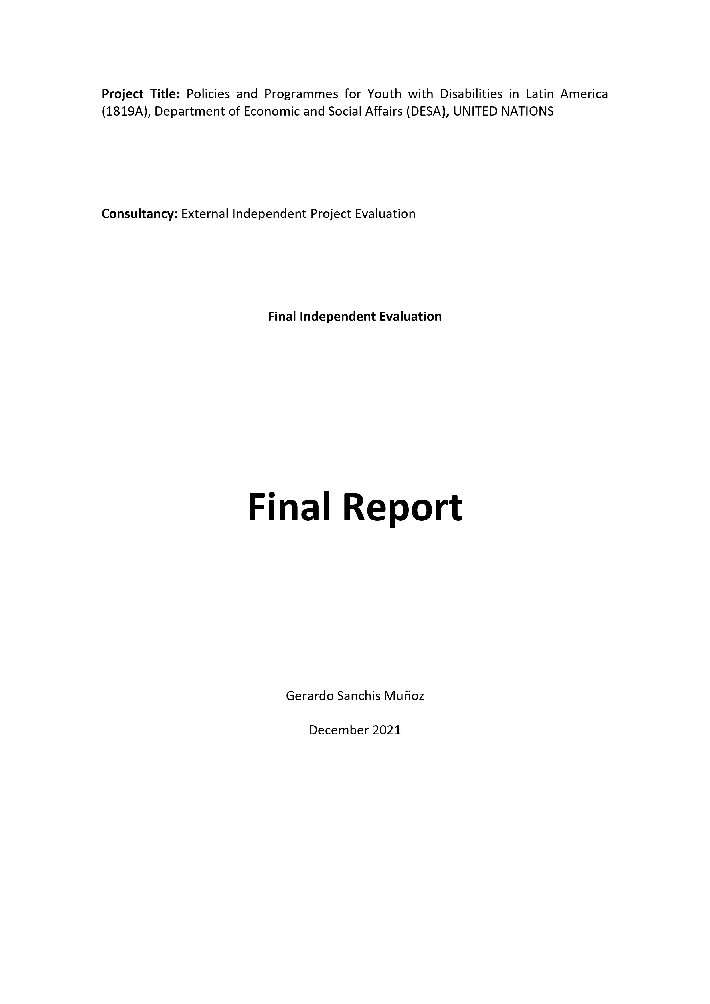 Final evaluation of Development Account project titled Policies and Programmes for Youth with Disabilities in Latin America