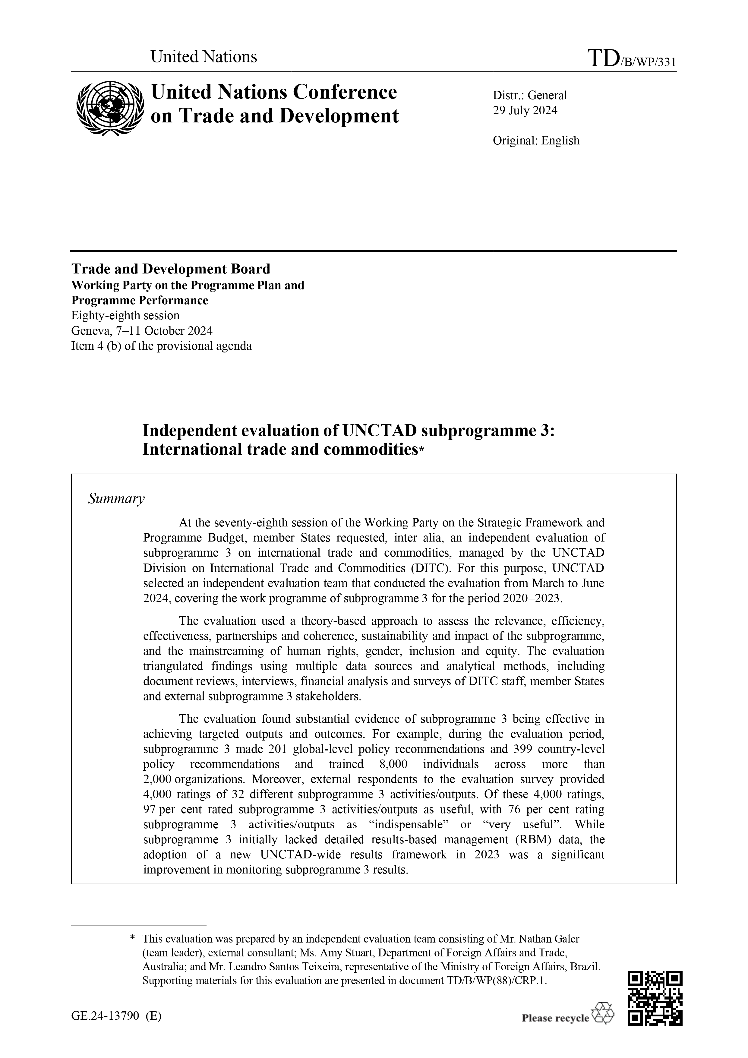 UNCTAD subprogramme 3: International trade and commodities